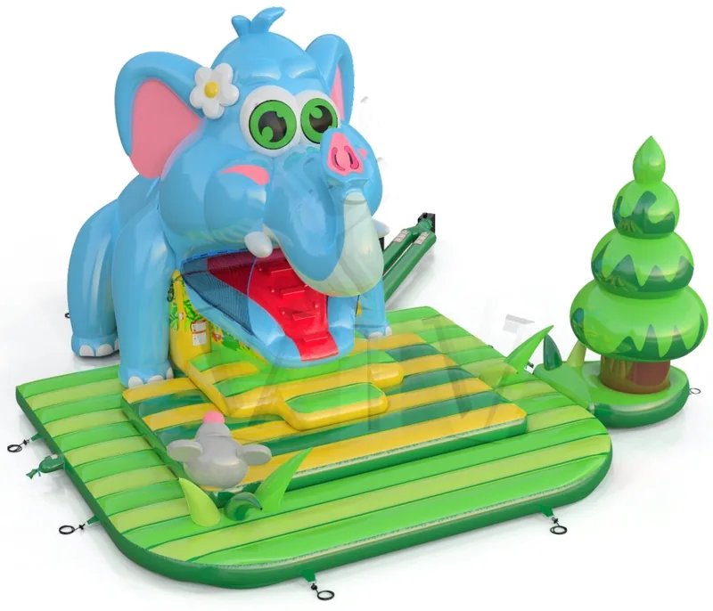 Scivolo gonfiabile Swallower Elefante: elefante blu con ingresso dalla bocca aperta, pedana verde e gialla e figura di albero